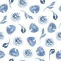 Watercolor seamless pattern with indigo floral twig, flowers, branch and abstract leaves