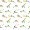 Watercolor seamless pattern with insects, praying mantis, grasshopper, beetle, ladybug, dragonfly on leaves and blades of grass on