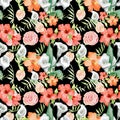 Watercolor seamless pattern inspired by nature Calla lilies and hibiscus bloom