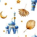 Watercolor seamless pattern with Islamic mosque and minaret, golden pampas grass, date palm branch, moon and stars