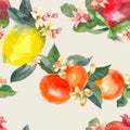 Watercolor seamless pattern of isolated hand drawn oranges, pomegranate, lemon and flowers in sketch style on light Royalty Free Stock Photo