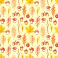 Watercolor seamless pattern of isolated illustrations, autumn collection, fallen leaves, mushrooms, acorns, branches. Forest theme