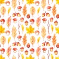 Watercolor seamless pattern of isolated illustrations, autumn collection, fallen leaves, mushrooms, acorns, branches. Forest theme