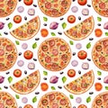 Watercolor seamless pattern with Italian pizza. Hand drawn fast food. Illustration for menu. Design for pizzeria, cafe Royalty Free Stock Photo