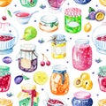 Watercolor seamless pattern with jams and fruits Royalty Free Stock Photo
