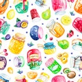 Watercolor seamless pattern with jams and fruits Royalty Free Stock Photo