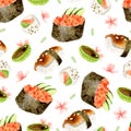 Sushi, unagi, caviar watercolor seamless pattern Royalty Free Stock Photo