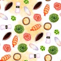 Watercolor seamless pattern with Japanese nigiri sushi on splattered background