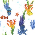 Watercolor seamless pattern jellyfish, yellow tang fish, clownfish and green blue seaweed and coral. Seabed ocean Royalty Free Stock Photo