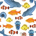 Watercolor seamless pattern jellyfish, yellow tang fish, clownfish and green blue seaweed and coral. Seabed ocean Royalty Free Stock Photo