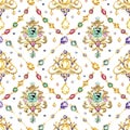 Watercolor seamless pattern. Jewelry elements, diamonds, multi-colored crystals, gold chains. Royalty Free Stock Photo