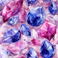 Watercolor seamless pattern of jewels and gemstones in purple and pink (tiled) Royalty Free Stock Photo