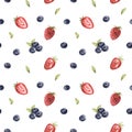 Watercolor seamless pattern of juicu wild berries blueberries, raspberries, lingonberries, strawberries, blueberries Royalty Free Stock Photo