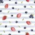 Watercolor seamless pattern of juicu wild berries blueberries, strawberries on blue stripes background. hand drawn Royalty Free Stock Photo