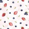 Watercolor seamless pattern of juicu wild berries blueberries, strawberries on pink background. hand drawn illustration Royalty Free Stock Photo