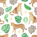 Watercolor seamless pattern with jungle leopard animals