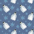 Watercolor seamless pattern with king penguin family on the floating ice isolated. Hand painting realistic Arctic and