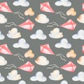 Watercolor seamless pattern with kite and clouds.