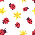 Watercolor seamless pattern. Ladybugs and suns. Design for textile, packaging, wallpaper. Children`s drawing