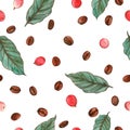 Watercolor seamless pattern of leaves, coffee beans and red coffee fruits