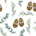 Watercolor seamless pattern with leaves of eucalyptus and baby boots