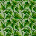 Watercolor seamless pattern of leaves on a pale green background