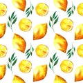 Watercolor seamless pattern with lemons and leaves. Royalty Free Stock Photo