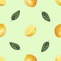 Watercolor Seamless Pattern with Lemons and Lemon Slices and Leaves Royalty Free Stock Photo