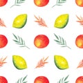 Watercolor Seamless Pattern with Lemons and Oranges and Tropical Leaves on a White Background Royalty Free Stock Photo