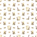 Watercolor seamless pattern: letters, feather pen and inkwell, old paper and scrolls on a white background.