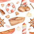 Watercolor seamless pattern with lighthouse, paddle, steering wheel. Royalty Free Stock Photo