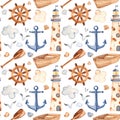 Watercolor seamless pattern with lighthouse, paddle, boat.