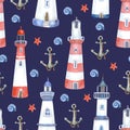 Watercolor seamless pattern with  lighthouses and anchor on navy blue. Royalty Free Stock Photo