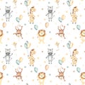 Watercolor seamless pattern with lion, zebra, giraffe, monkey on balloons on white background Royalty Free Stock Photo