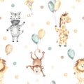 Watercolor seamless pattern with lion, zebra, giraffe, monkey on balloons on white background