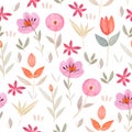 Watercolor seamless pattern with little pink red tulip flowers on a white background. Floral background Royalty Free Stock Photo