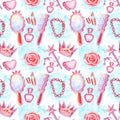 Watercolor seamless pattern with little princess accessories on splattered background Royalty Free Stock Photo