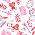 Watercolor seamless pattern with little princess accessories on white Royalty Free Stock Photo