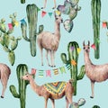 Watercolor seamless pattern with llama, cacti and flag garland. Hand painted beautiful illustration with animals and