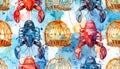 Watercolor seamless pattern with lobsters and traps on a blue background Royalty Free Stock Photo