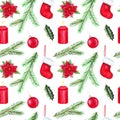 Watercolor seamless pattern with lollipop, fir branches, Christmas ball, bow, candle, holly, cinnamon, cardamom, poinsettia, cone