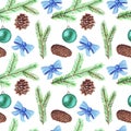 Watercolor seamless pattern with lollipop, fir branches, Christmas ball, bow, candle, holly, cinnamon, cardamom, poinsettia, cone