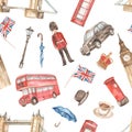 Watercolor seamless pattern with London landmarks and symbols of England, big ben, tower bridge, english guard