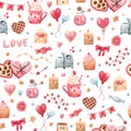 Watercolor seamless pattern with love symbols and sweets. Hand drawn cute elements as balloons, garland, flags, hearts Royalty Free Stock Photo