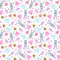 Watercolor seamless pattern with lovely animals. Cute illustration for wallpaper, background, textile or paper design. St.