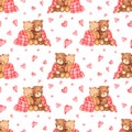 Watercolor seamless pattern with lovers bears under the covers on a white background