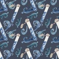 Watercolor seamless pattern, magic bottle with sea potion, cute waves on blue background. Pattern for halloween products