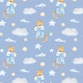 Watercolor seamless pattern with magic cat with flute, fish, balls and stars in pastel colors on blue background