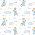 Watercolor seamless pattern with magic cat with flute, fish, balls and stars in pastel colors on white background