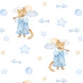 Watercolor seamless pattern with magic cat with flute, fish, balls and stars in pastel colors on white background